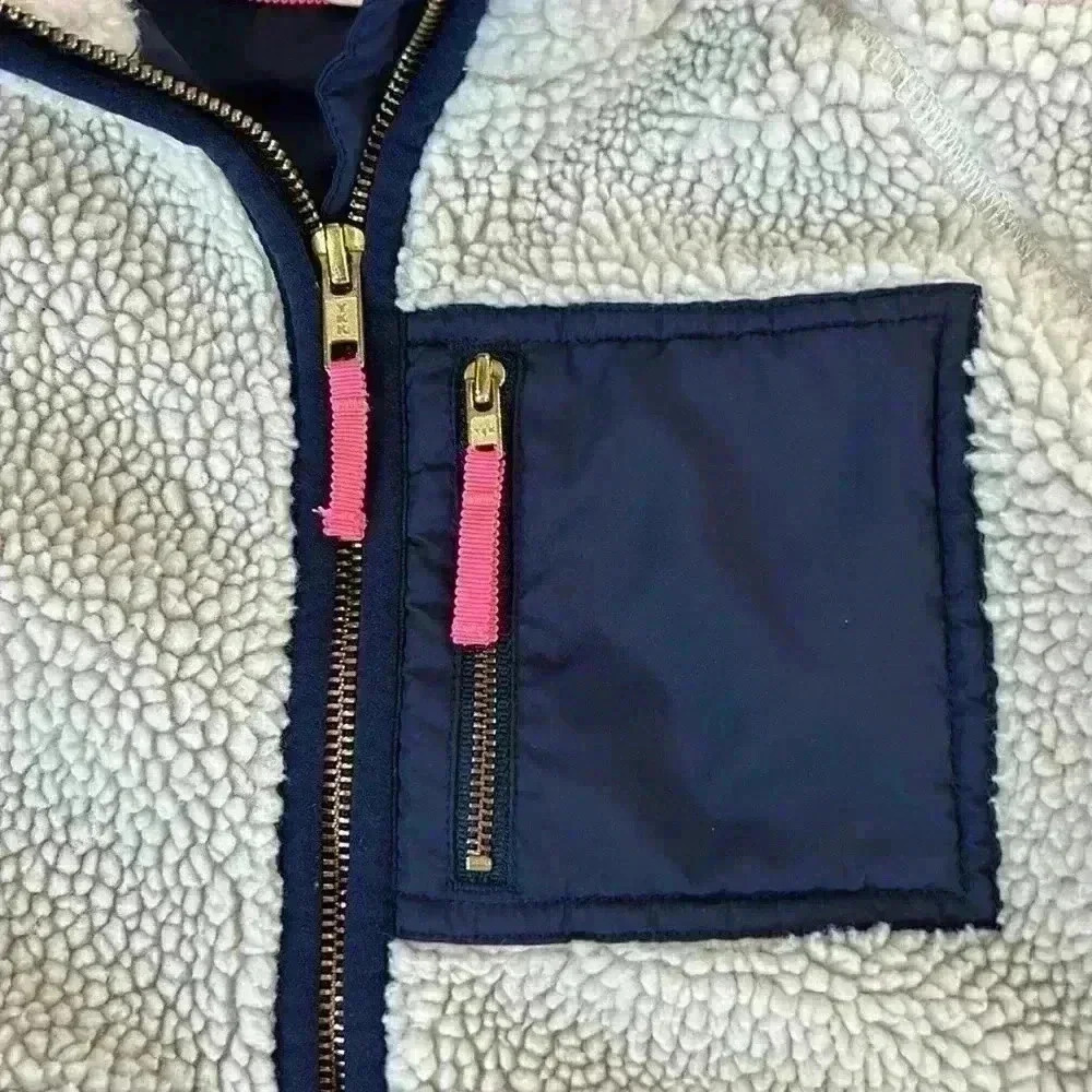 jcrew crewcuts kids sherpa jacket zip front girls 14 cream, navy, & neon pink - Picture 4 of 15